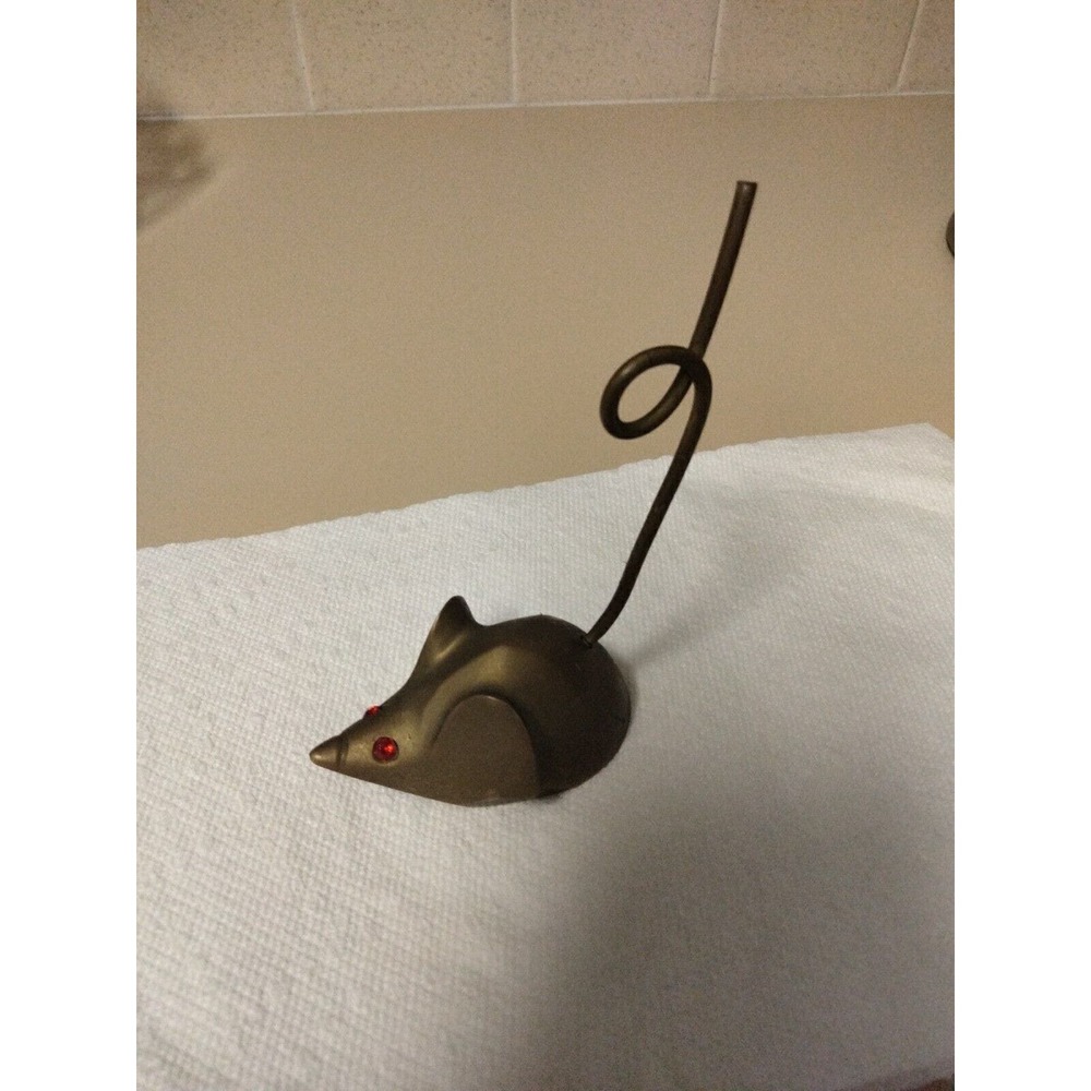 Miniature Brass Mouse Red Glass Eyes Note Letter Holder 3" X 4"